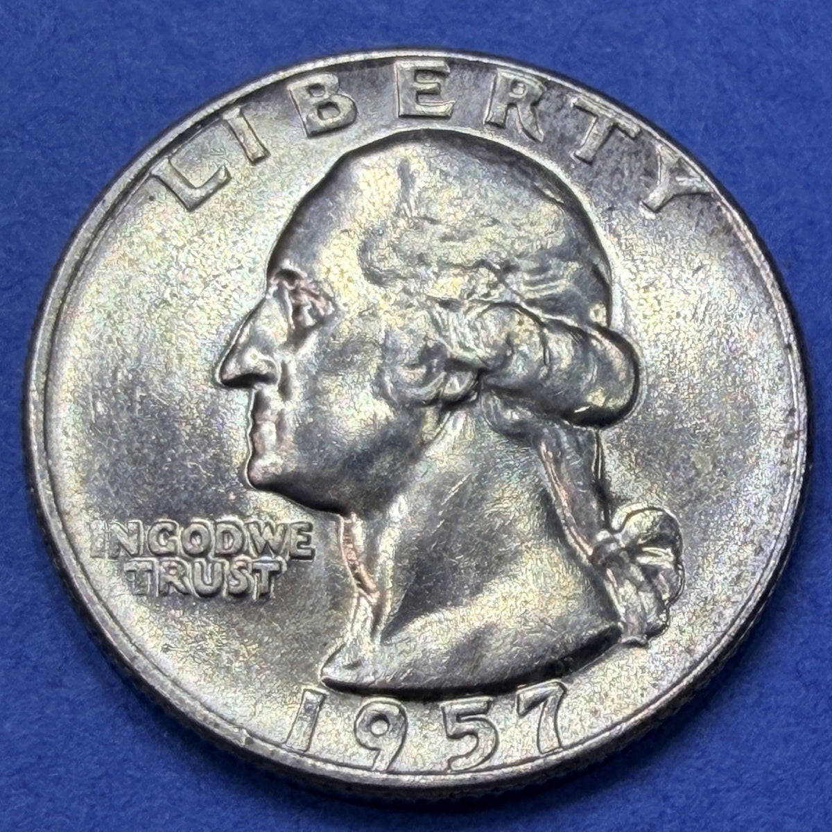 1957-D Washington Quarter 25C BU Uncirculated 90% Silver Rainbow Toned Denver