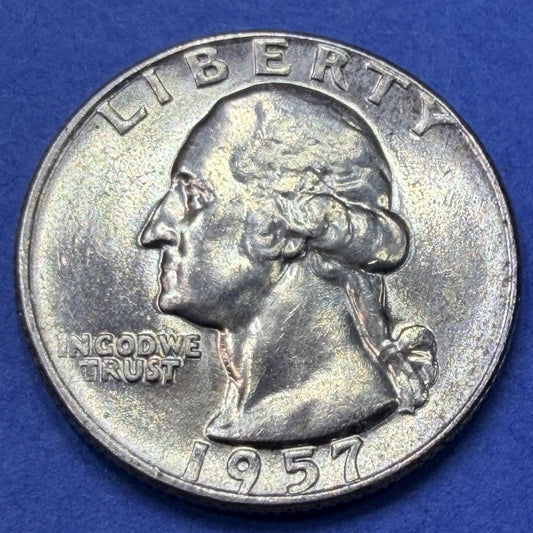 1957-D Washington Quarter 25C BU Uncirculated 90% Silver Rainbow Toned Denver