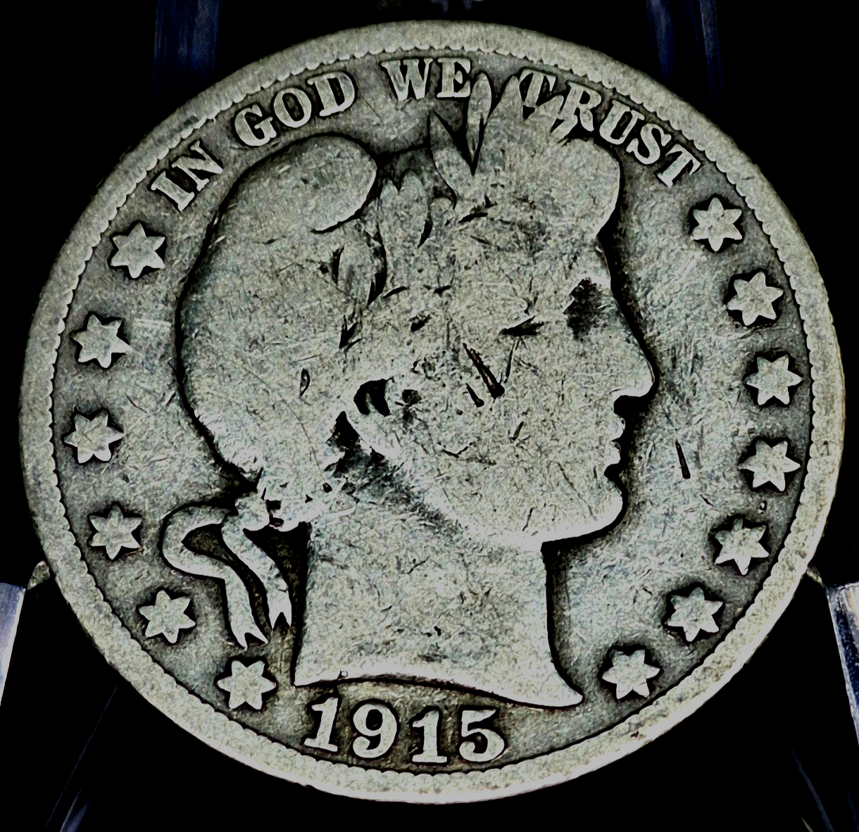 1915 S Barber Half Dollar 90% Silver, Last Yr, VG-Fine Features Partial Motto