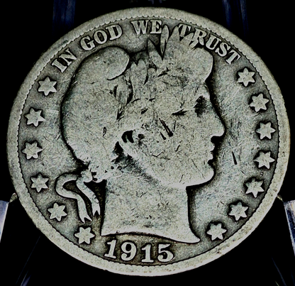 1915 S Barber Half Dollar 90% Silver, Last Yr, VG-Fine Features Partial Motto