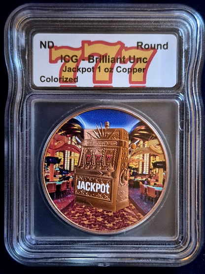 ICG Brilliant Unc Jackpot 1 oz Copper Colorized Lucky Token Las Vegas 777 Round
