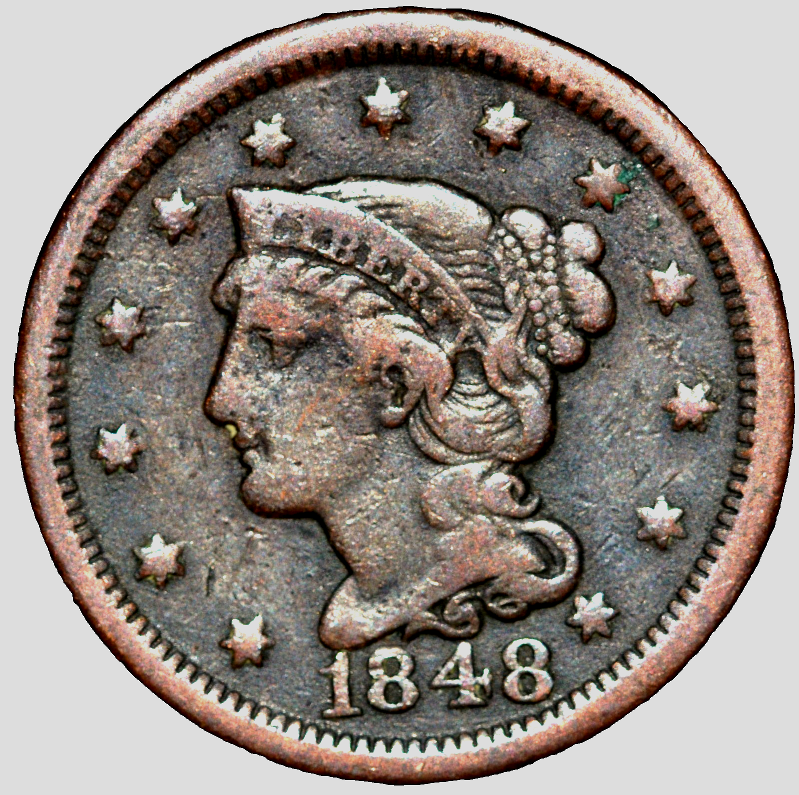 1848 1C BN Braided Hair Cent N20 R2 GSID 1138 Fine-Very Fine Features