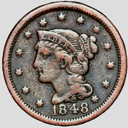 1848 1C BN Braided Hair Cent N20 R2 GSID 1138 Fine-Very Fine Features