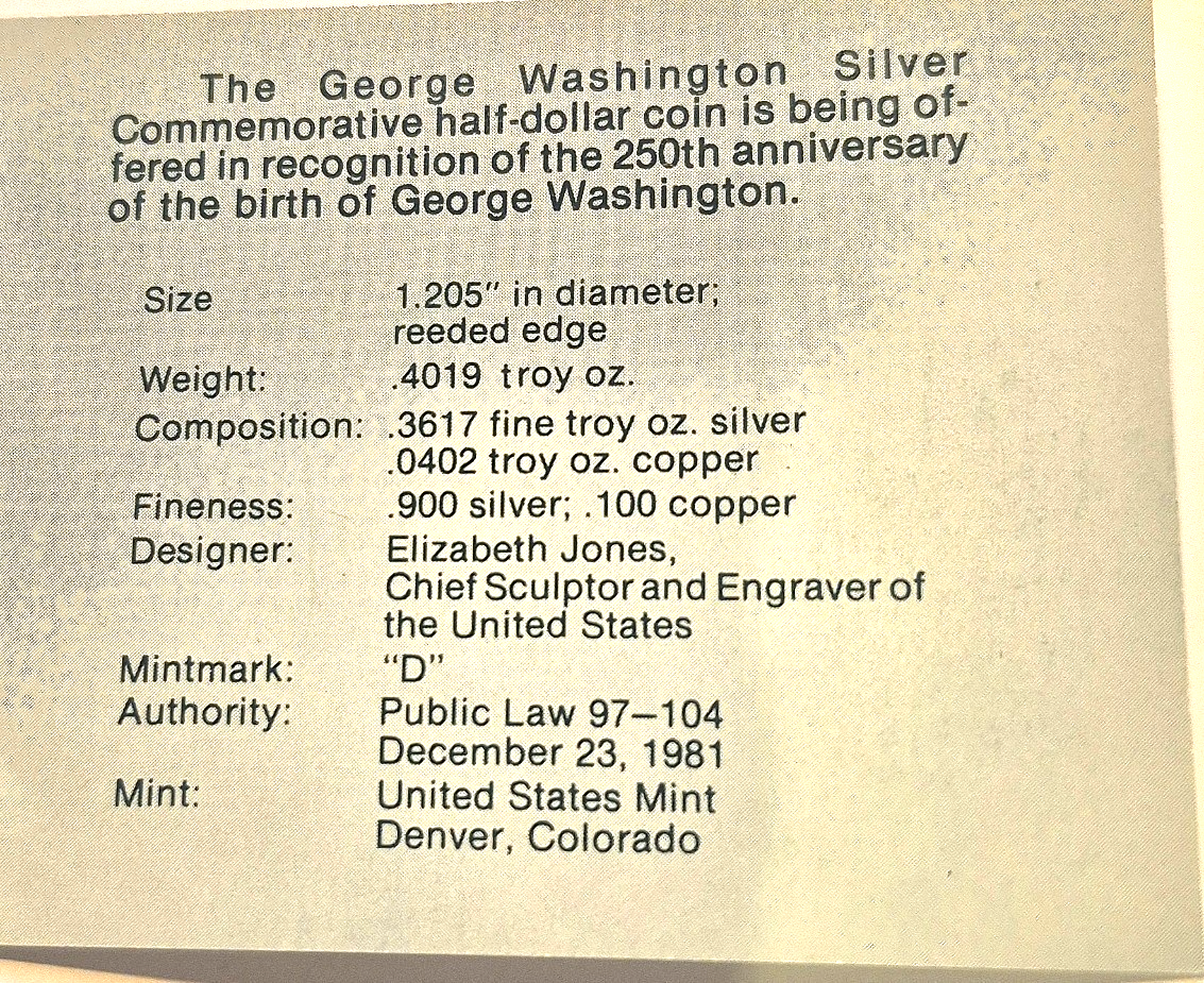 1982-D George Washington 1/2 Dollar 90% Silver Commemorative BU (Box & COA)