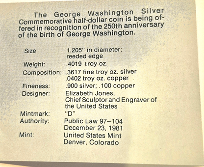 1982-D George Washington 1/2 Dollar 90% Silver Commemorative BU (Box & COA)