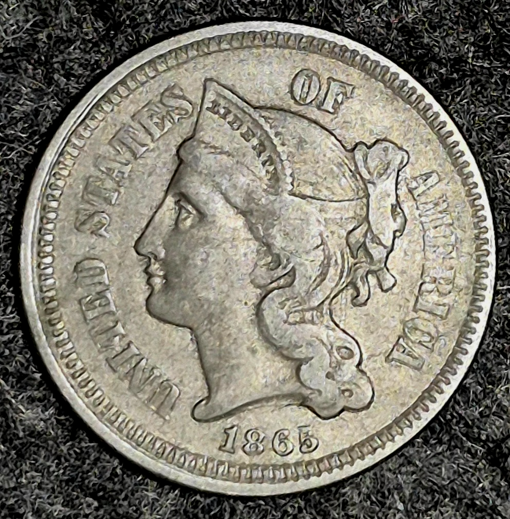 1865 First Year 3 Cent Nickel AU Features Full Liberty & Clear Pillar Lines