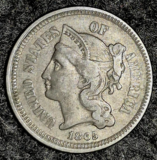 1865 First Year 3 Cent Nickel AU Features Full Liberty & Clear Pillar Lines