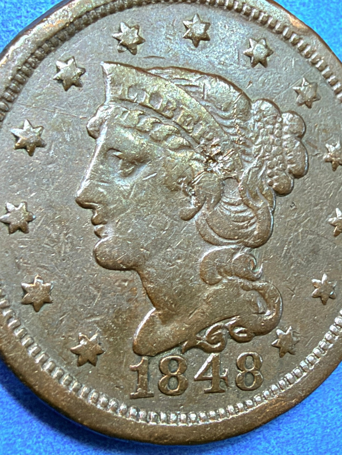 1848 Braided Hair Large Cent VF Sharp Braids Nice Chocolate Surfaces Type Coin