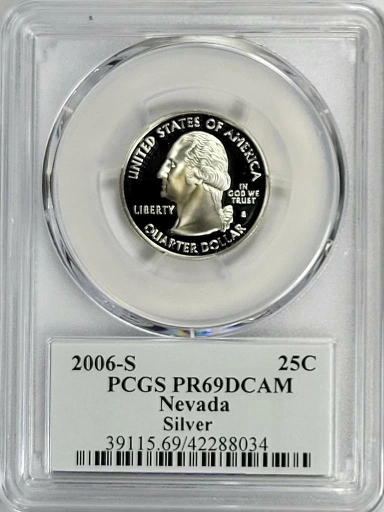 ✅ 2006-S  Nevada 90% SILVER Washington Quarter ~ PCGS PR69DCAM State Flag Label