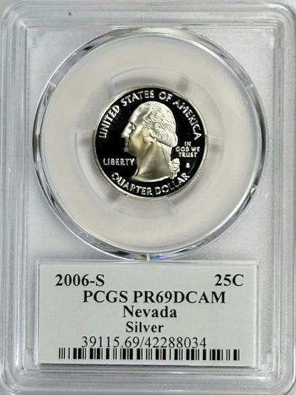 ✅ 2006-S  Nevada 90% SILVER Washington Quarter ~ PCGS PR69DCAM State Flag Label