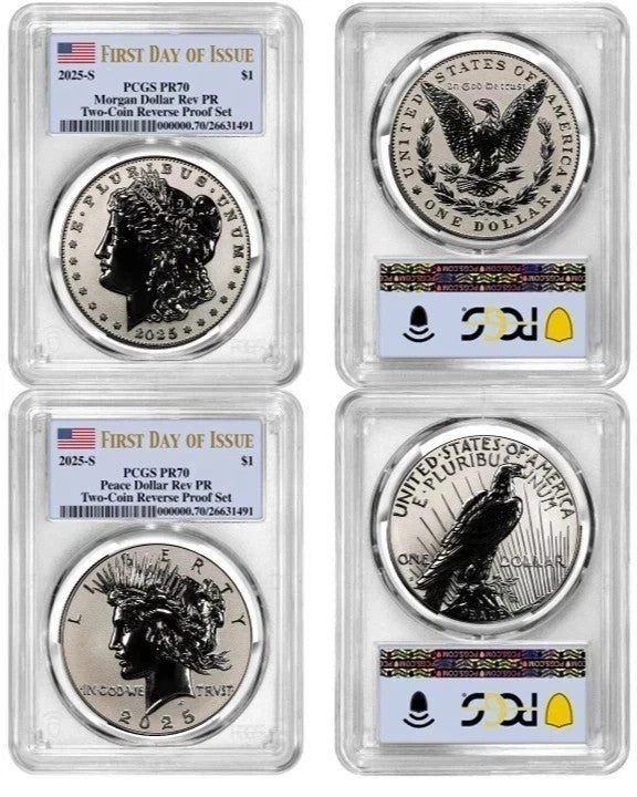2025 S Morgan & Peace .999 Silver Dollars Reverse Proof PCGS PR 70 FDOI 2 COINS