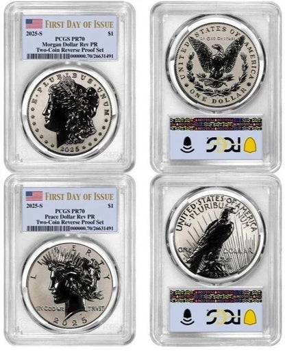 2025 S Morgan & Peace .999 Silver Dollars Reverse Proof PCGS PR 70 FDOI 2 COINS