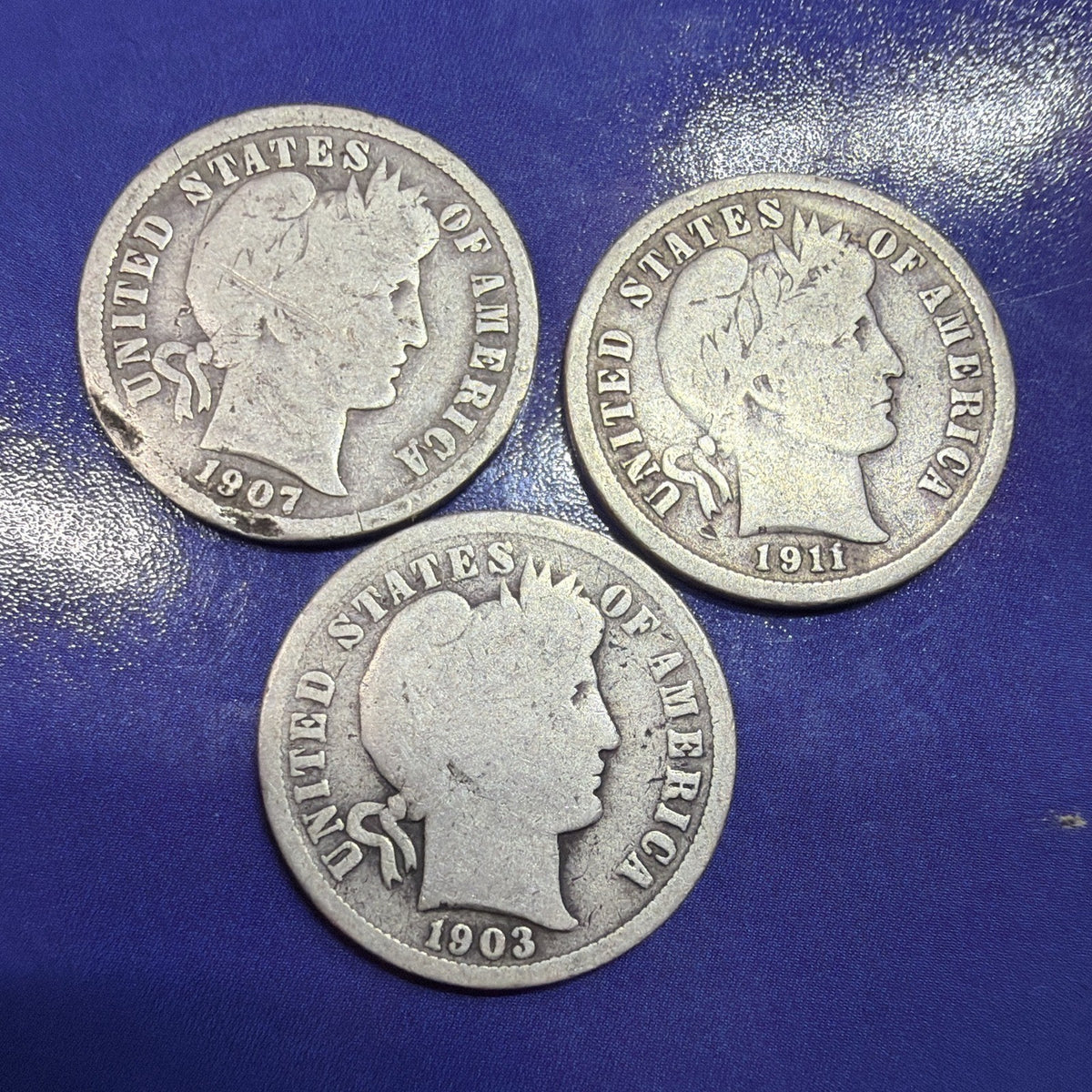 1903 1907 1911 Barber Dime 10C Lot of 3 G Good 90% Silver US Coins