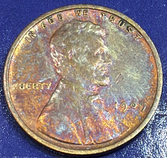 1909 Lincoln Wheat Cent 1C AU Colorful Toned Red Brown Penny Philadelphia Coin