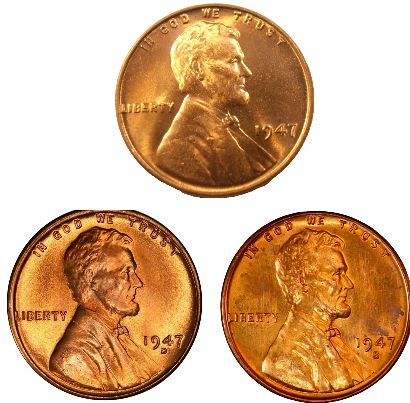 ✅  1947 P/D/S BU Uncirculated 3 COIN SET Lincoln Wheat Cents Choice RED Beauties