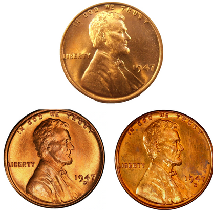 ✅  1947 P/D/S BU Uncirculated 3 COIN SET Lincoln Wheat Cents Choice RED Beauties