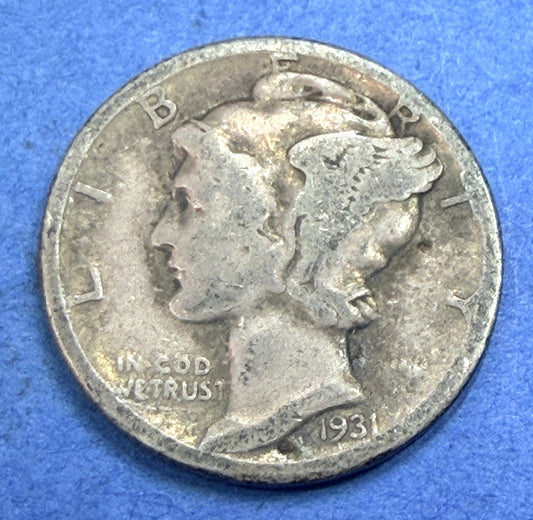 1931 Mercury Dime 10C F Fine Toned Better Date Low Mintage 90% Silver US Coin