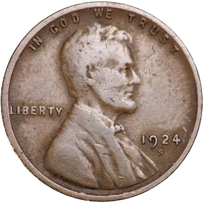 1924 S Lincoln Cent Good - Very Good  (G-VG) Circulated Condition Copper Penny