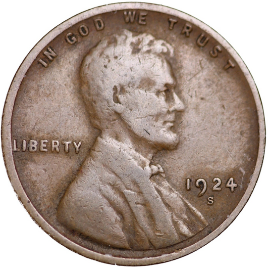 1924 S Lincoln Cent Good - Very Good  (G-VG) Circulated Condition Copper Penny