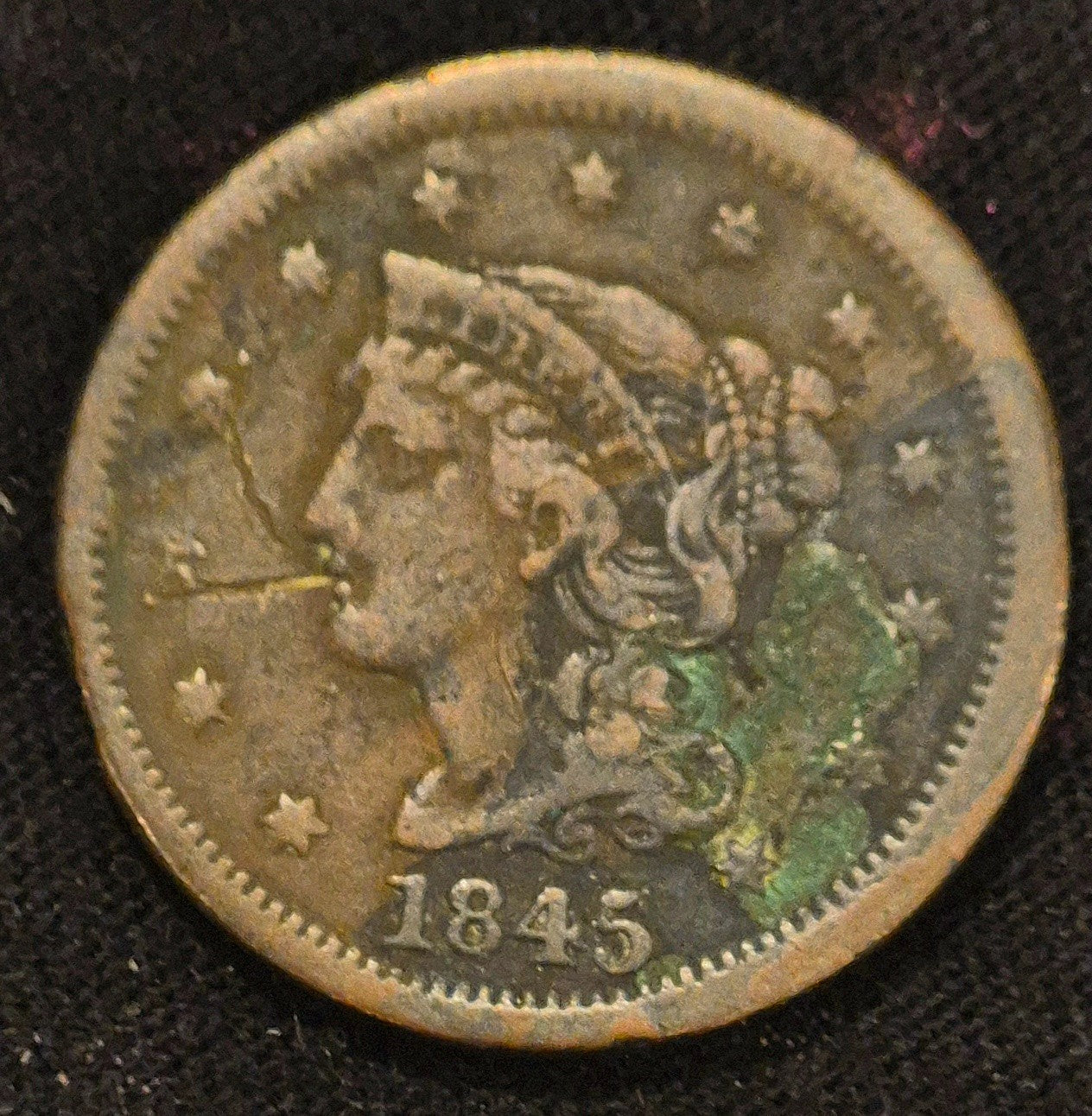 1845 Braided Hair Large Cent N6 R2 GSID 1111 Fine+ Features Broadstrike Error
