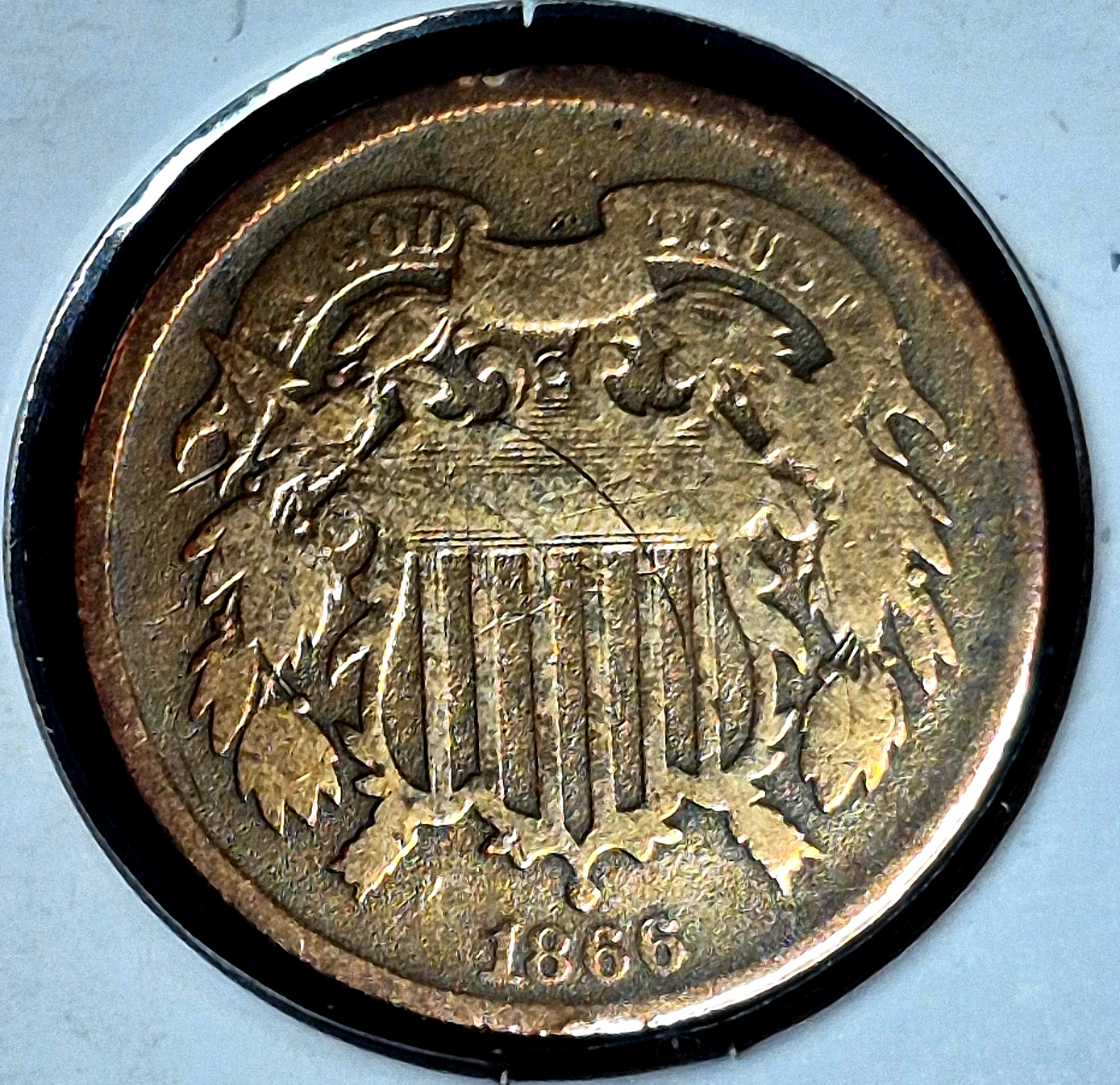 1866 2 Cent Piece Very Fine Features, First Coin With Motto "In God We Trust" 2C