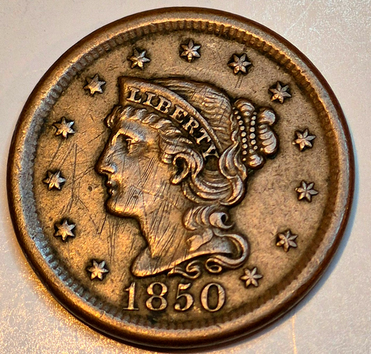 1850 Braided Hair Large Cent N20 R5 GSID 1150 Strong AU Features 1C