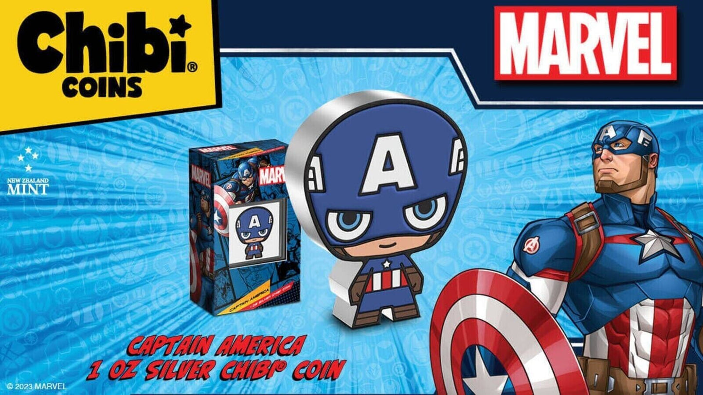 2023 Marvel Captain America 1oz .999 Fine Silver Colorized Proof Chibi Niue Coin
