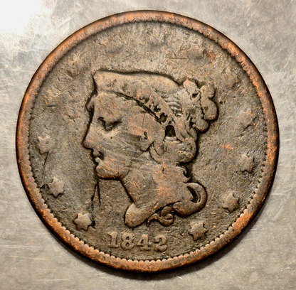 1842 Braided Hair Large Cent Small Date VG Features 1C Coin Shown