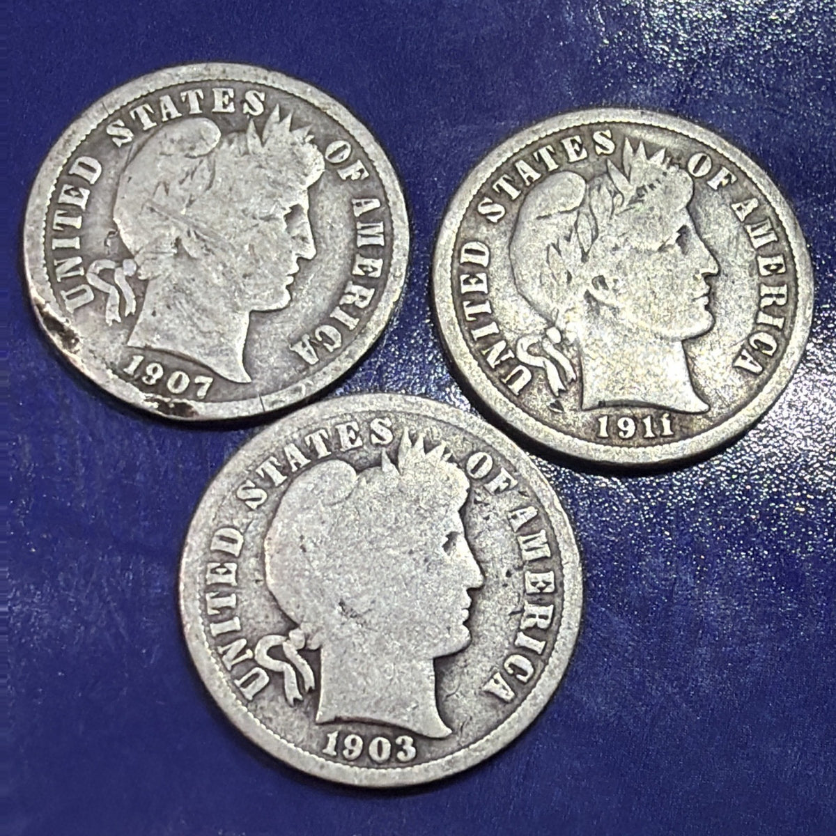 1903 1907 1911 Barber Dime 10C Lot of 3 G Good 90% Silver Three Dates US Coins