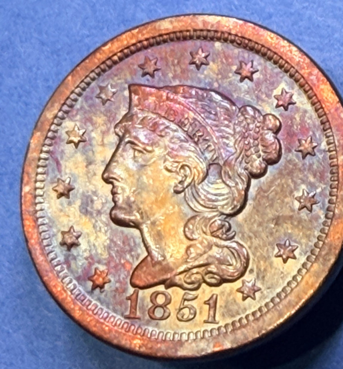 1851 Braided Hair Large Cent 1C XF-AU Rainbow Toned Copper Penny US Coin