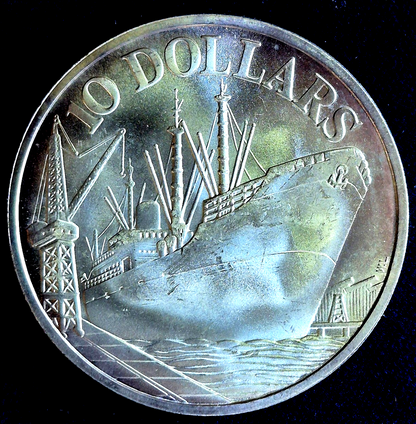 1976 SILVER SINGAPORE $10 COIN ANNIVERSARY OF INDEPENDENCE SHIP IN PORT (VIDEO)