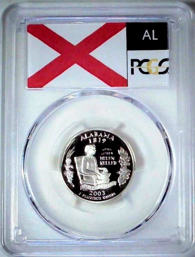 ✅ 2003-S Alabama 90% SILVER Washington Quarter ~PCGS PR69DCAM State Flag Label