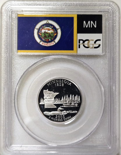 ✅ 2005-S Minnesota 90% SILVER Washington Quarter ~PCGS PR69DCAM State Flag Label