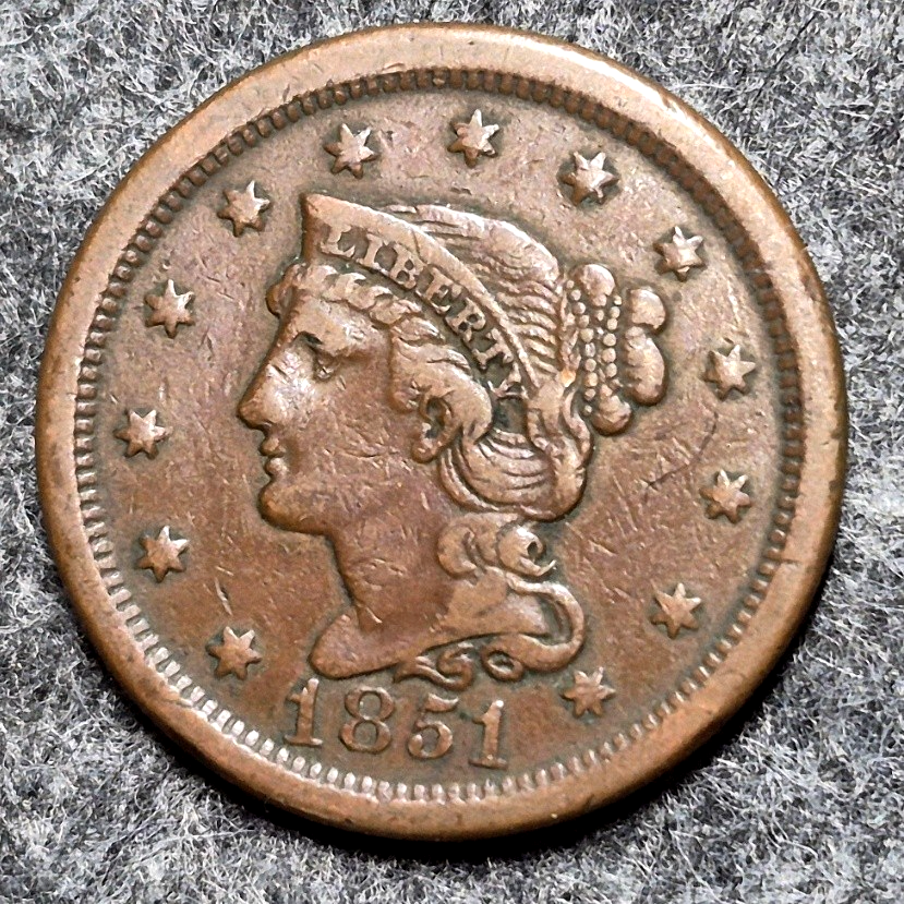 1851 Braided Hair Large Cent VF+ Very Fine Plus Raw US Copper One Cent Coin