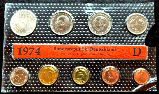 1974 D, Coin Set Germany, The 5 Mark is .625 % SILVER, In Original Blister, OGP