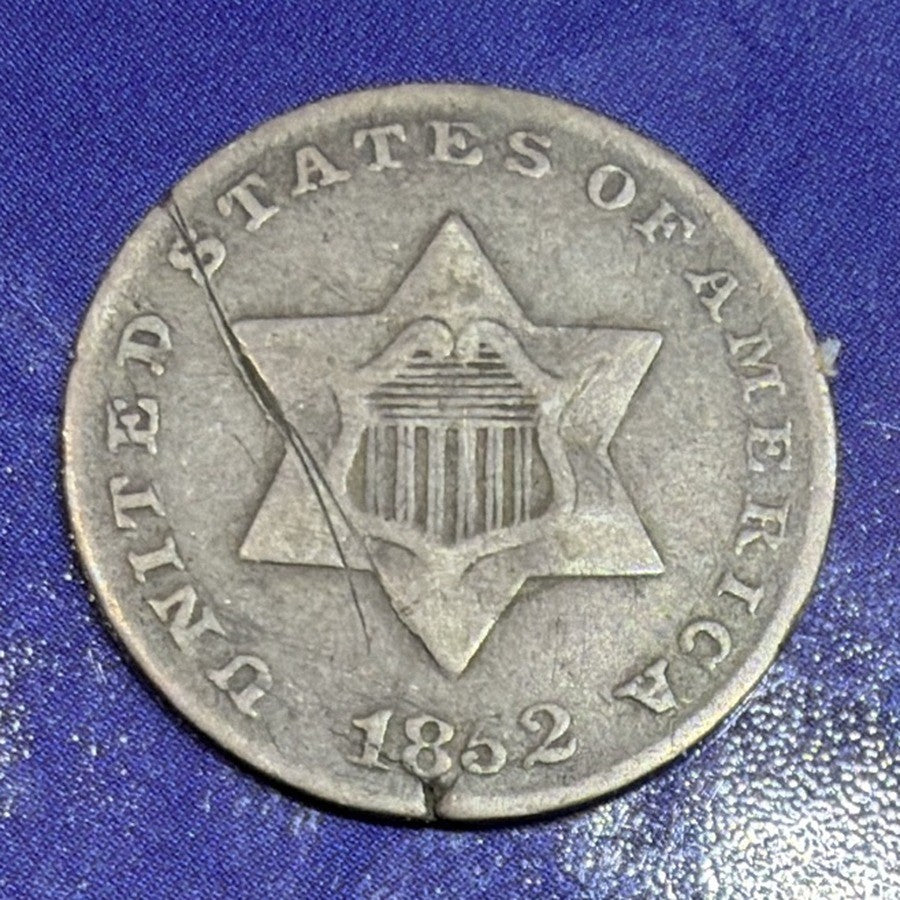 1852 Silver Three Cent Piece Trime 3C F Fine Die Crack 75% Silver US Coin...