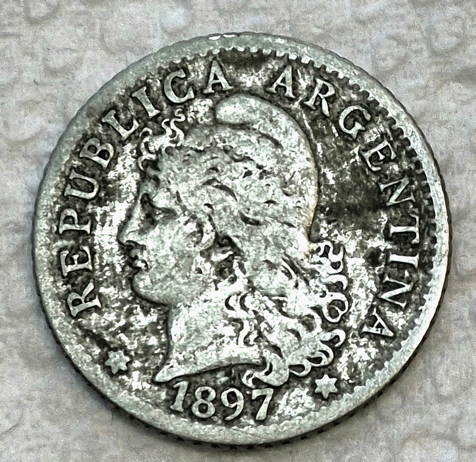 ARGENTINA KM34 1897 SHARP VERY FINE FEATURES OLD ANTIQUE 5 CENTAVOS  COIN