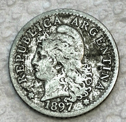 ARGENTINA KM34 1897 SHARP VERY FINE FEATURES OLD ANTIQUE 5 CENTAVOS  COIN