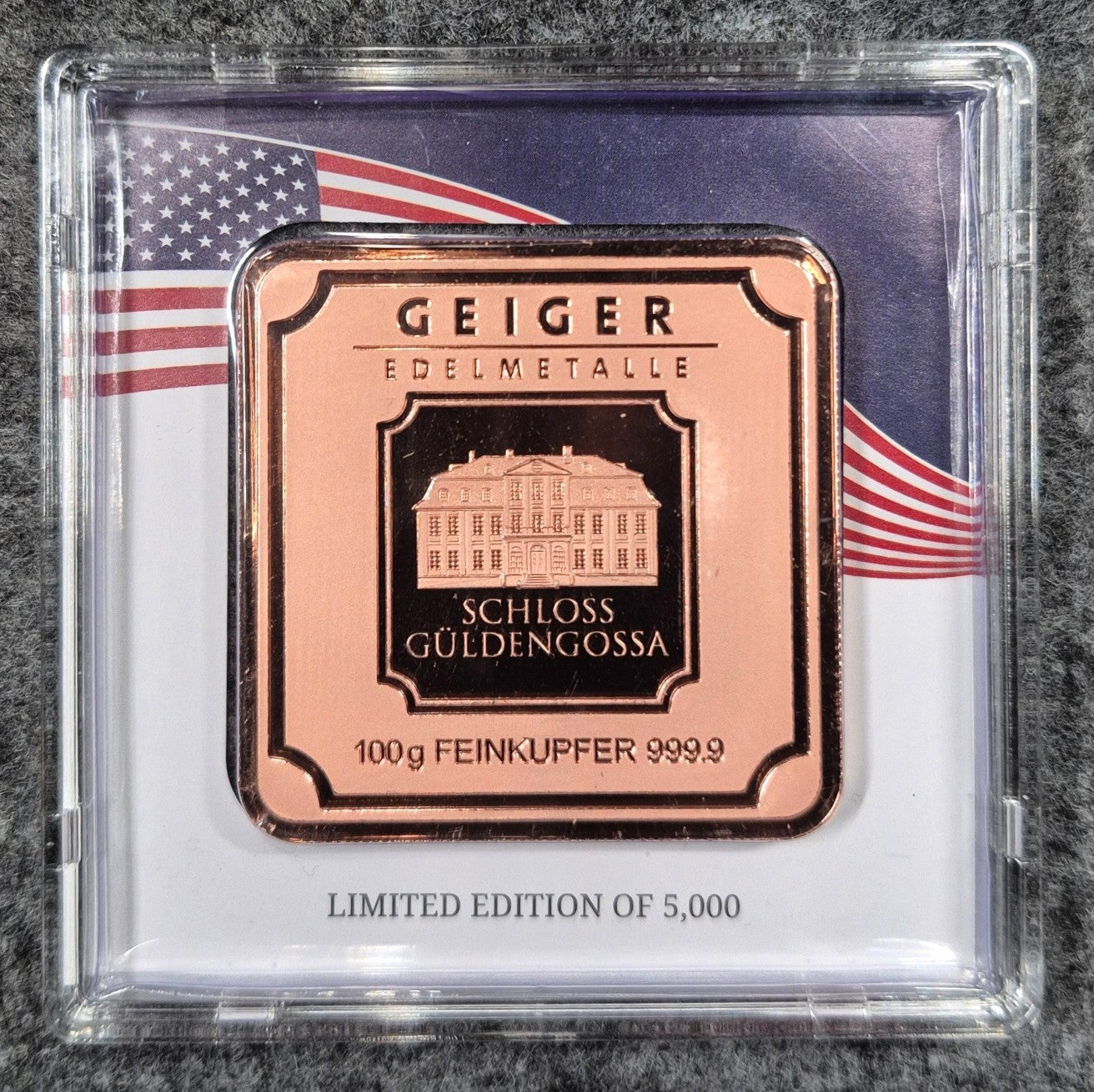 Geiger Edelmatalle Premium 100 Gram 9999 Copper Bar In Mint Assay 5000 Minted