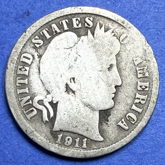 1911 Barber Dime 10C G Good 90% Silver Philadelphia Liberty Head Antique US Coin