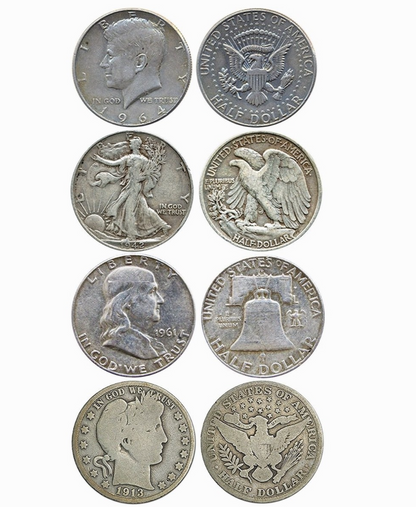 💰TYPE SET of {4} 90% SILVER Halves Walking Lib, Barber, JFK & Franklin $2 Face
