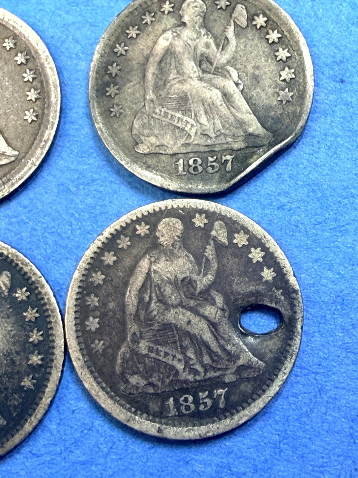 LOT of 4 1857 Seated Liberty Half Dime 90% Silver Holed Clipped Hole Fillers