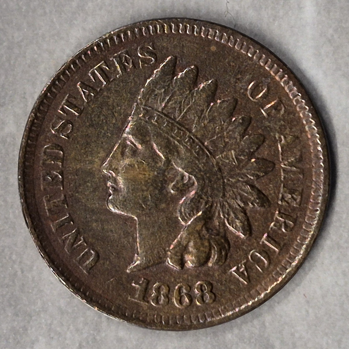 1868 Indian Head Cent Penny 1C XF+ Extremely Fine Rainbow Toned Scarce Date