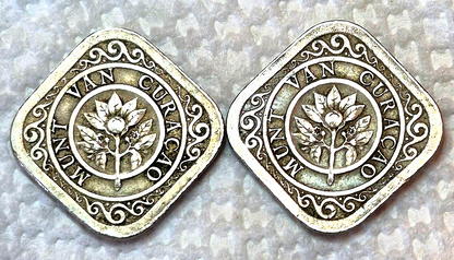 LOT (2) 1948 Netherlands Curacao 5 Cents Old Square Shape Coins XF-AU, KM 47