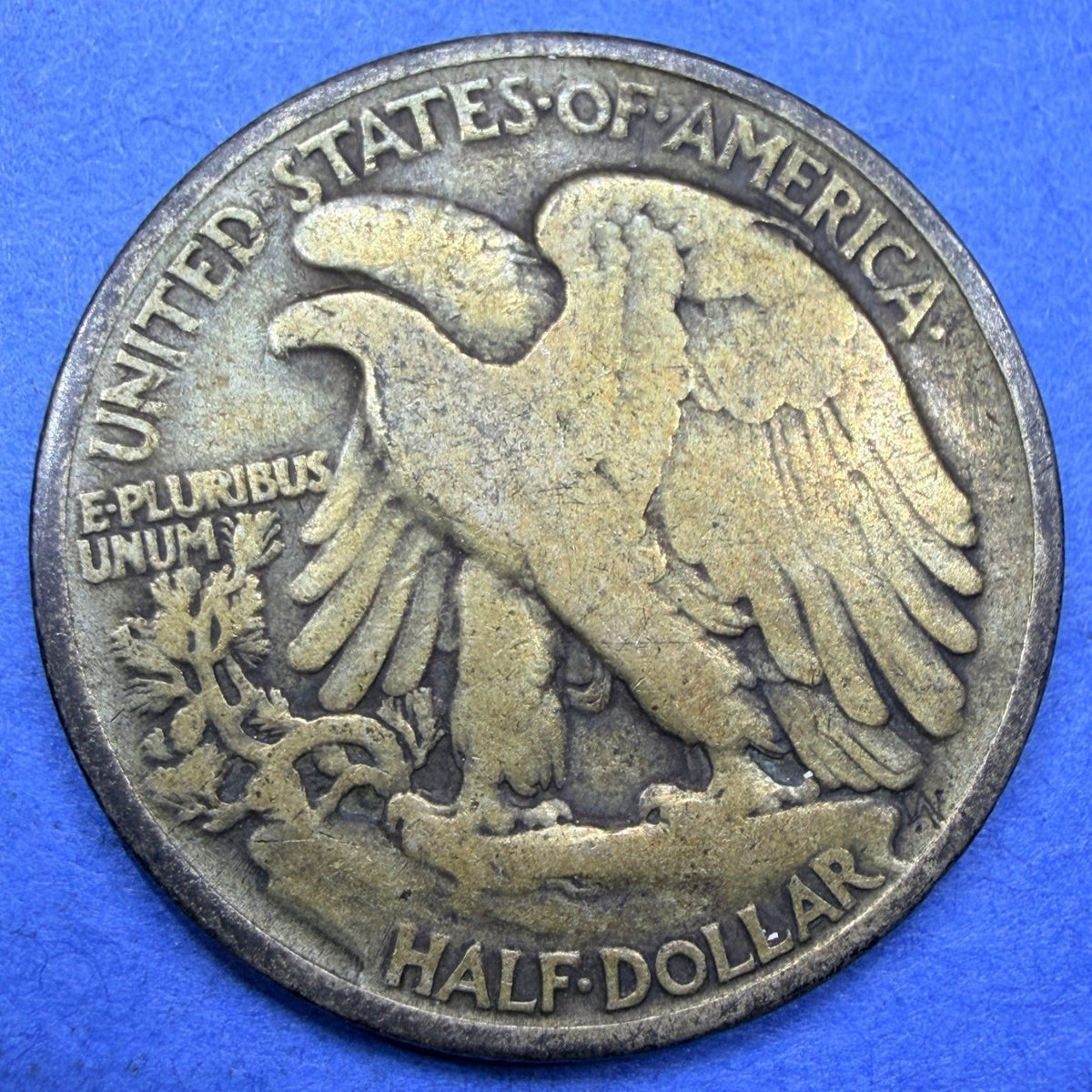 1943 Walking Liberty Half Dollar 50C VF 90% Silver Golden Toned WWII Era Coin