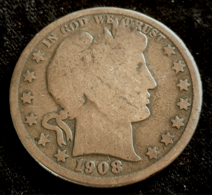 1908 D Barber Half Dollar 90% Silver Strong G+ Features 50C Hole On Reverse