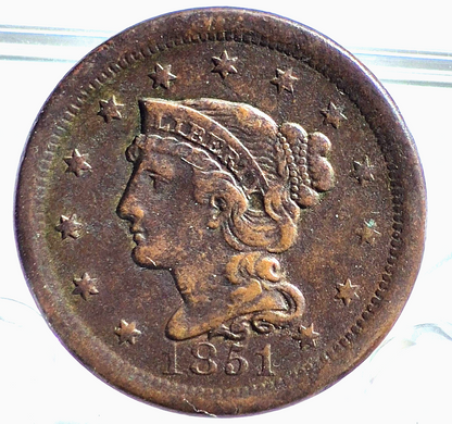 1851 Coronet Large Cent Braided Hair Very Fine Features Variant N5 R3 Strong 1C