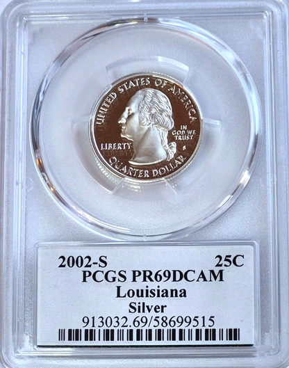 2002-S SILVER 90% Louisiana State Quarter PCGS PR69 DCAM State Flag Holder 25C