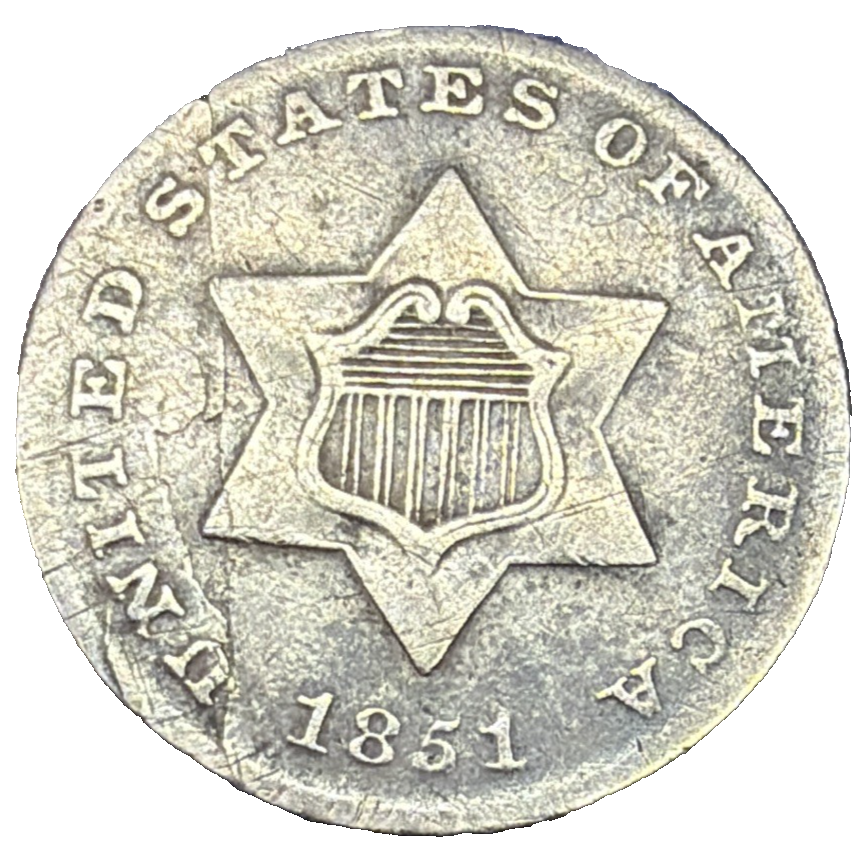 1851 Three 3 Cent Silver Trime - 3CS Type 1 Philadelphia Mint Fine Appearance