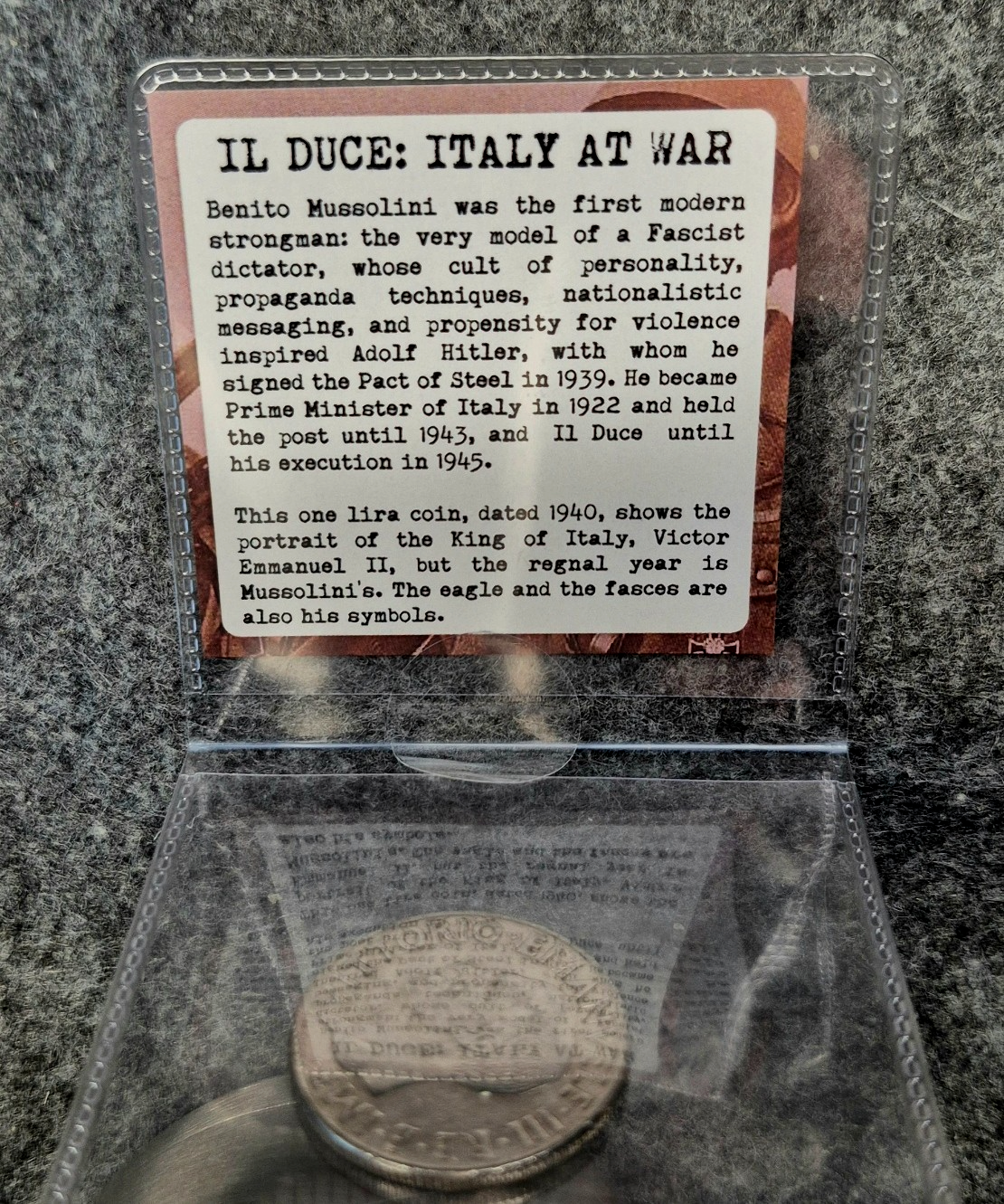 IL Duce: Italy At War 1 1940 1 Lira Coin In Sleeve With Mussolini Story Card